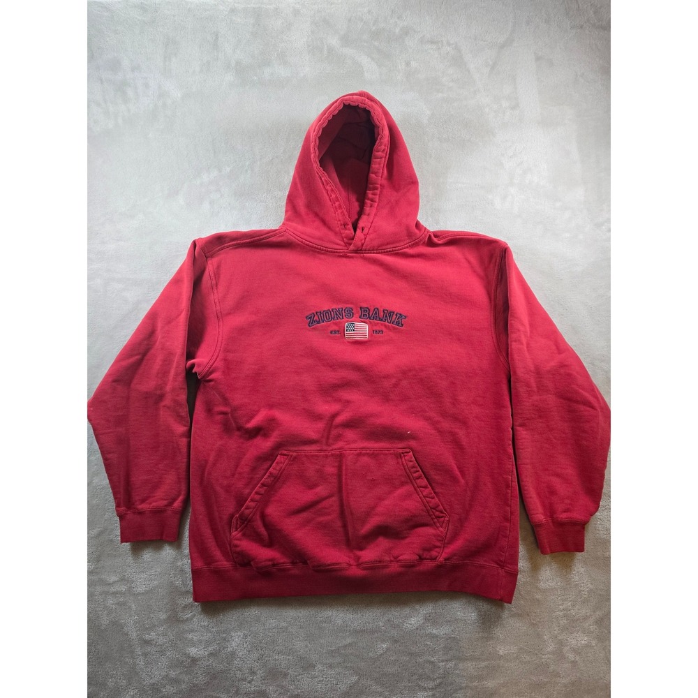 Zions Bank Hoodie Sweatshirt Large Red USA Flag Logo *Read Thrashed